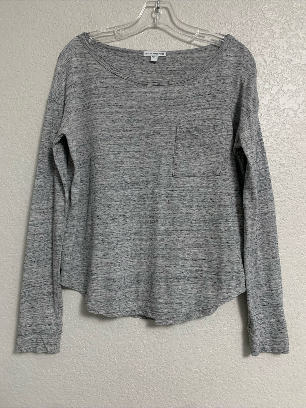 James Perse Pocket Tee Top Womens 1/S Long Sleeve Drop Shoulder Boat Neck Gray